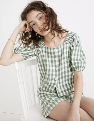 Madewell + Linen-Cotton Square-Neck Button-Front Top in Gingham Check