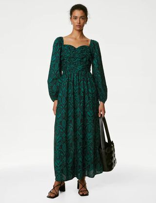 M&S Collection + Pure Cotton Printed Midaxi Waisted Dress