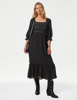 M&S Collection + Textured Square Neck Shirred Midaxi Dress