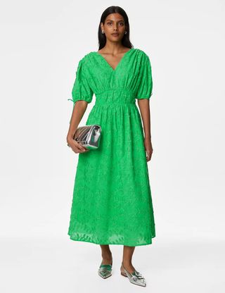 M&S Collection + Pure Cotton Embroidered Midi Waisted Dress