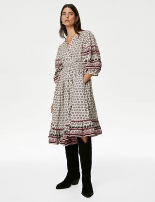 Per Una + Pure Cotton Printed V-Neck Midi Smock Dress