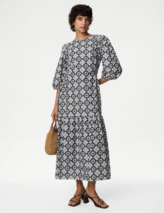 M&S Collection + Pure Cotton Printed Midi Tiered Dress