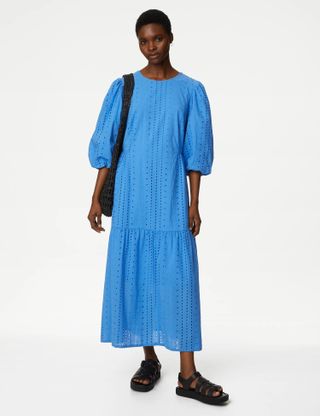 M&S Collection + Pure Cotton Broderie Midi Tiered Dress