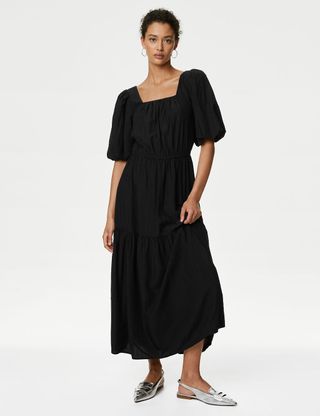 M&S Collection + Textured Square Neck Midi Tiered Dress
