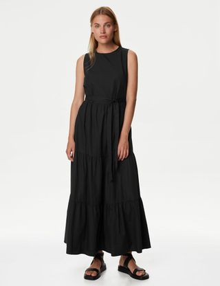 M&S Collection + Pure Cotton Round Neck Midi Tiered Dress