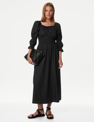 M&S Collection + Pure Cotton Square Neck Midi Waisted Dress