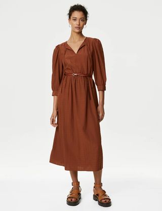 M&S Collection + Textured Tie Neck Midi Relaxed Smock Dress