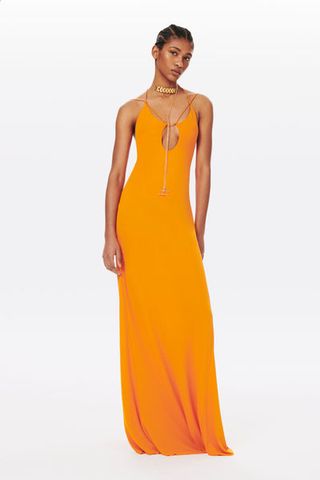 Victoria Beckham + Spaghetti Strap Cut-Out Floor Length Dress in Burnt Orange