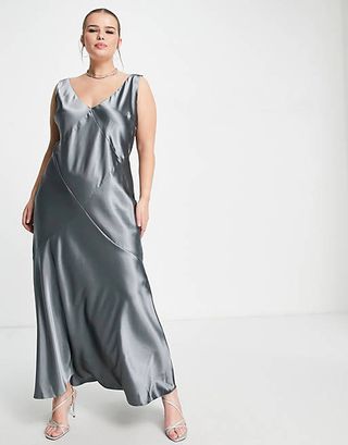 ASOS + Curve Edit Bias Slip Midaxi Dress in Dark Grey Satin
