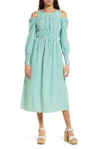 Topshop + Smocked Stripe Poplin Long Sleeve Midi Dress