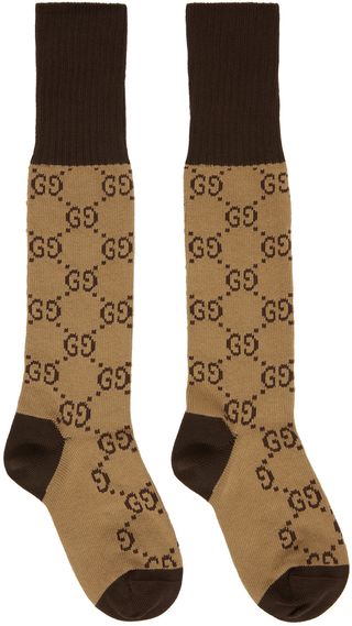 Gucci + Beige & Brown Cotton GG Socks