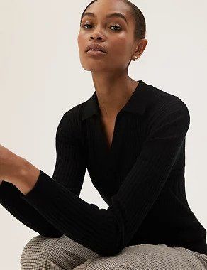 M&S Collection + Ribbed Collared V-Neck Jumper