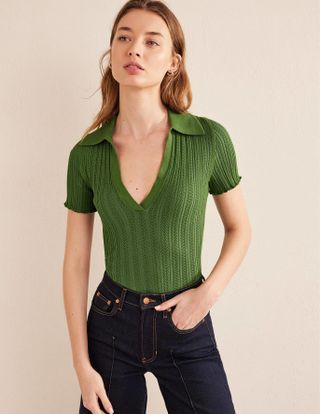 Boden + Ribbed Pointelle Collared Top