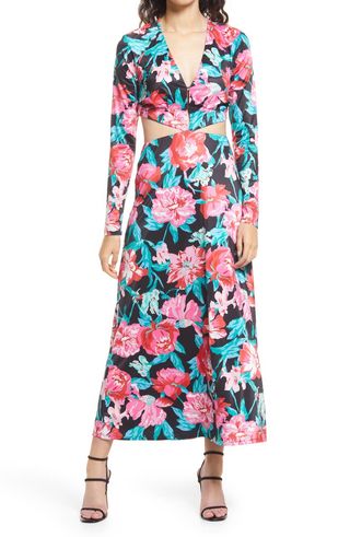 Afrm + Assi Floral Cutout Detail Long Sleeve Knit Dress