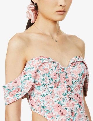 Lavish Alice + Off-Shoulder Floral-Print Stretch-Crepe Corset Top