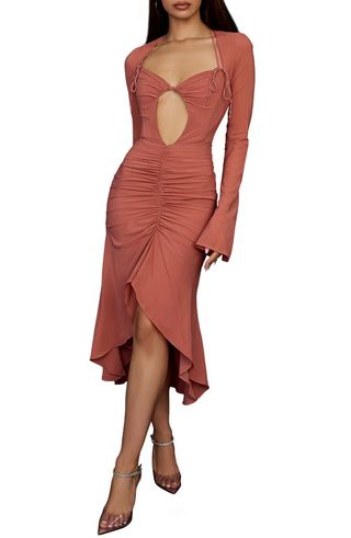 House of Cb + Reine Long Sleeve Silk Blend Cutout Midi Dress