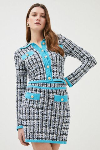 Karen Millen + Tweed Knit Military Button Mini Skirt