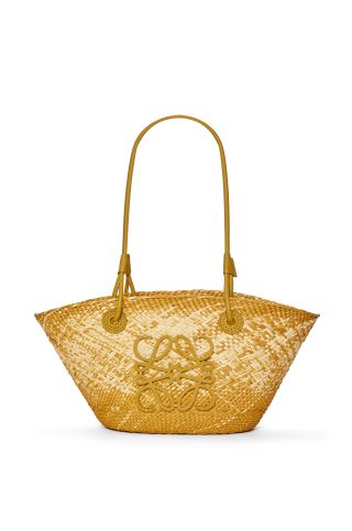 Loewe + Small Anagram Basket Bag in Iraca Palm and Calfskin in Ochre