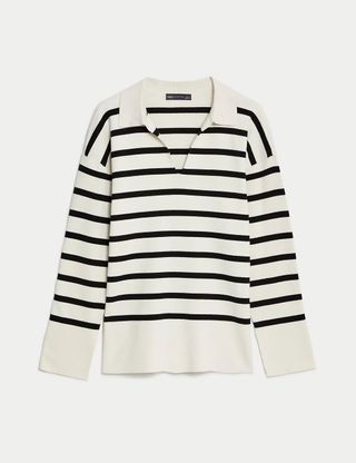 M&S Collection + Cotton Rich Striped Relaxed Longline Jumper in Black Mix