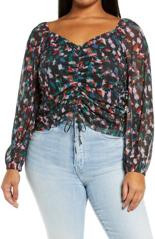 Open Edit + Tie Front Floral Puff Sleeve Top