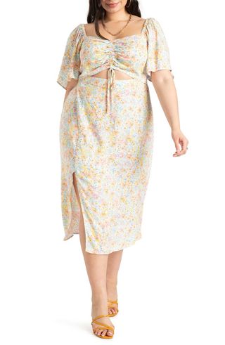 Eloquii + Cinched Front Floral Midi A-Line Dress