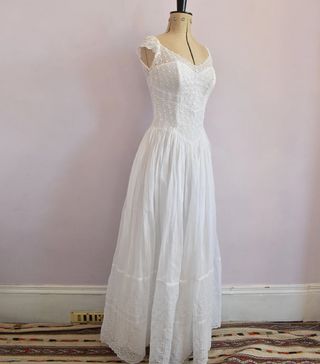 Vintage + 1940s White Eyelet Broderie Anglaise Dress