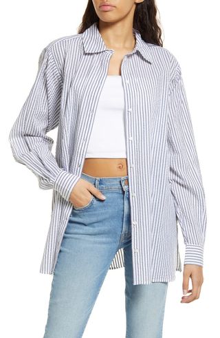 Topshop + Stripe Cotton Seersucker Button-Up Shirt