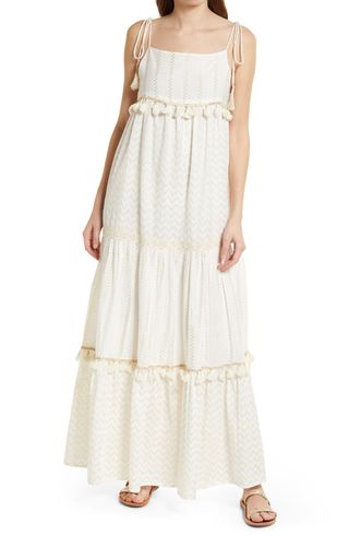 Raga + Tahani Eyelet Tiered Tie Shoulder Maxi Dress