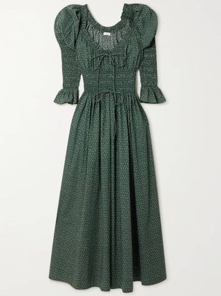 Dôen + Kaira Smocked Printed Organic Cotton-Voile Midi Dress