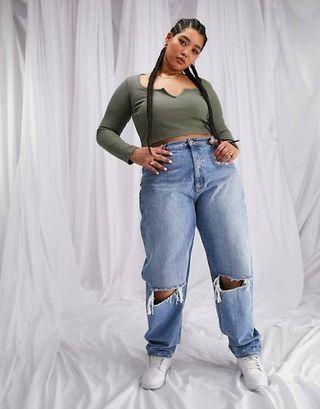 ASOS + Curve High Waist 'Slouchy' Mom Jeans in Stonewash With Rips