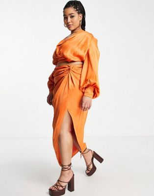 ASOS Edition + Satin Top & Midi Skirt With Split in Spicy Orange