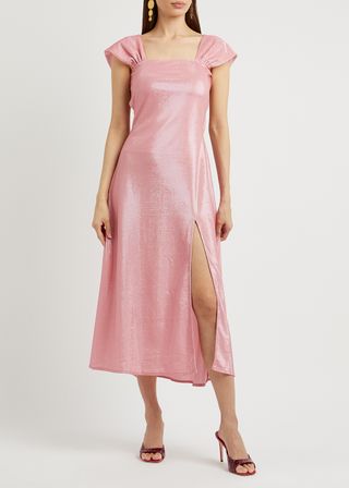 Siedres + Blake Pink Metallic-Weave Open-Back Midi Dress