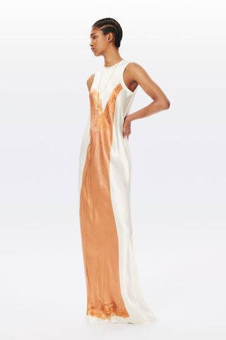 Victoria Beckham + Printed Floor Length Bias Dress in White and Peach -