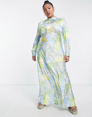 Asos Curve + High Neck Maxi Satin Tea Dress in Large Floral