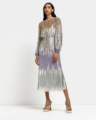 River Island + Purple Ombre Sequin Midi Dress