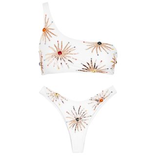 Oceanus + Callie White Embellished One-Shoulder Bikini