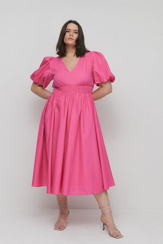 Warehouse + Plus Size Cotton Poplin V-Neck Puff Sleeve Midi Dress