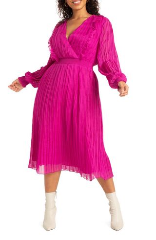 Eloquii + Pleated Long Sleeve Dress