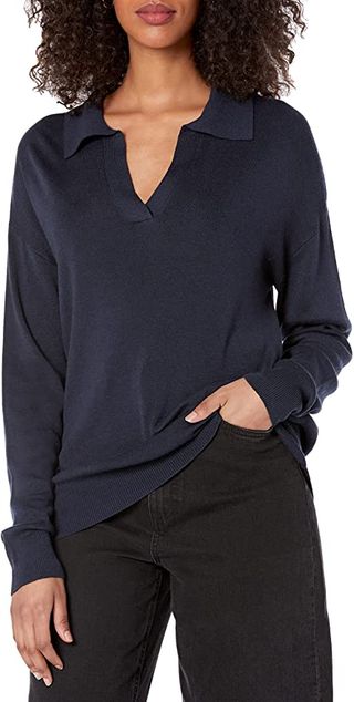 The Drop + Meena Loose Fit Open Collar Pullover Sweater