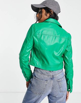 Bershka + Zip Up Collar Detail Faux Leather Jacket in Bright Green