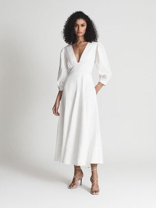 Reiss + White Christie Puff Sleeve Plunge Midi Dress