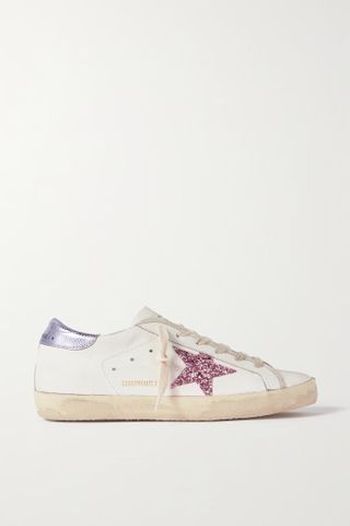 Golden Goose Deluxe Brand + Superstar Glittered Distressed Snake-Effect Trimmed Leather Sneakers