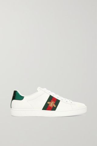 Gucci + Ace Watersnake-Trimmed Embroidered Leather Sneakers