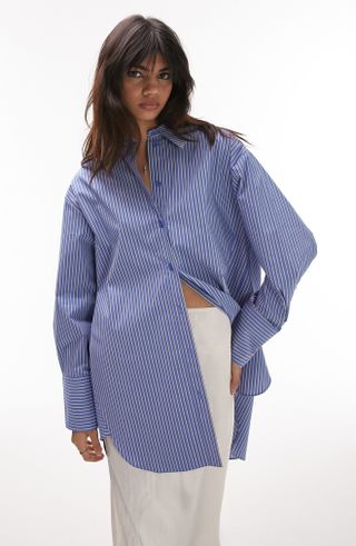 Topshop + Stripe Oversize Cotton Blend Button-Up Shirt