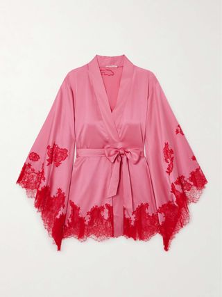Agent Provocateur + Christi Belted Leavers Lace-Trimmed Silk-Blend Satin Robe