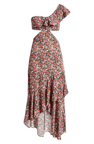 Topshop + One Shoulder Floral Print Cutout Dress