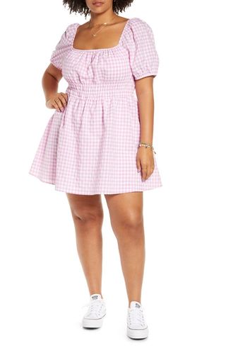 Bp + Shirred Gingham Print Puff Sleeve Prairie Dress