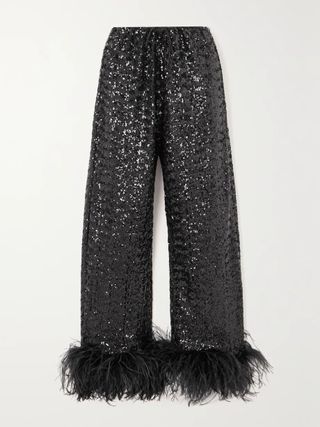 Oséree + Feather-Trimmed Sequined Satin Straight-Leg Pants