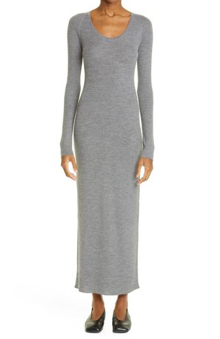 Totême + Ribbed Long Sleeve Wool Midi Dress