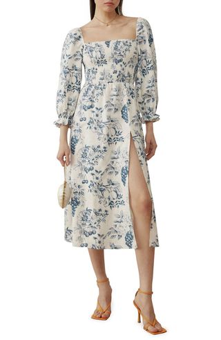 Reformation + Gitane Long Sleeve Smocked Linen Midi Dress
